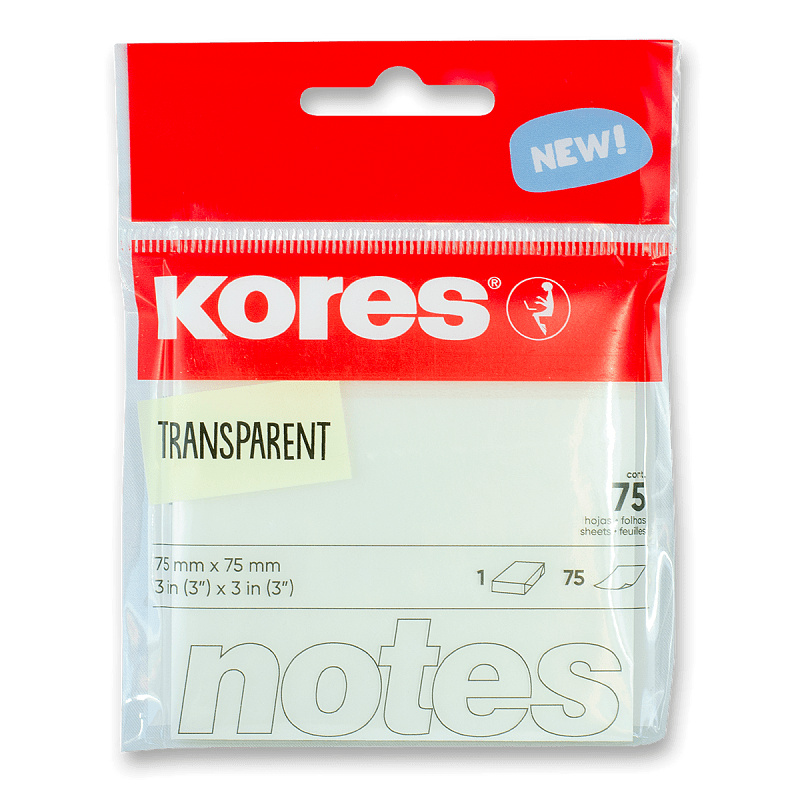 Transparentní samolepicí bloček Kores 75 x 75 mm, 75 líistů Kores