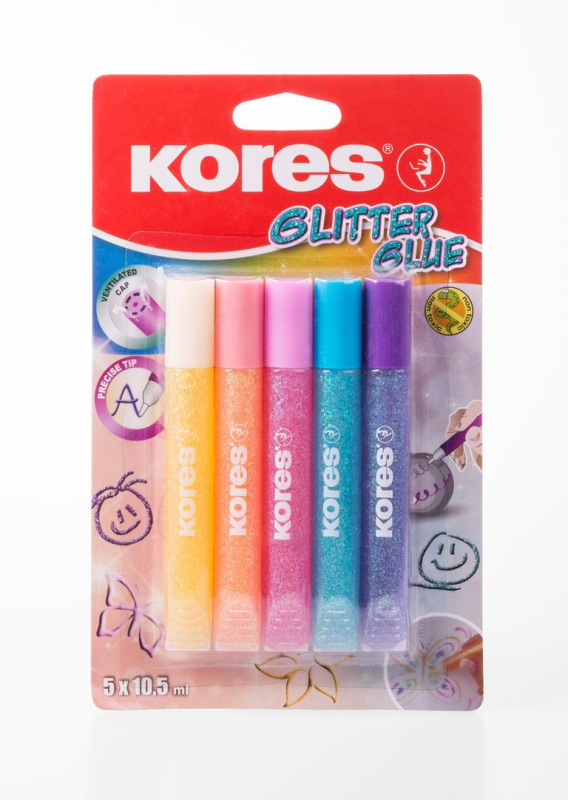 Dekorační lepidlo Glitter Glue 5 barev 5 x 10 5 ml blistr pastelové Kores