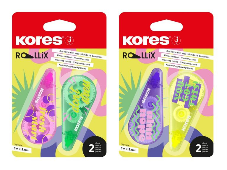 Korekční strojek Kores ROLLiX - 2 ks, 8m x 5mm, mix barev Kores