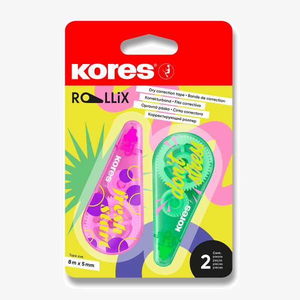 Korekční strojek Kores ROLLiX - 2 ks, 8m x 5mm, mix barev Kores