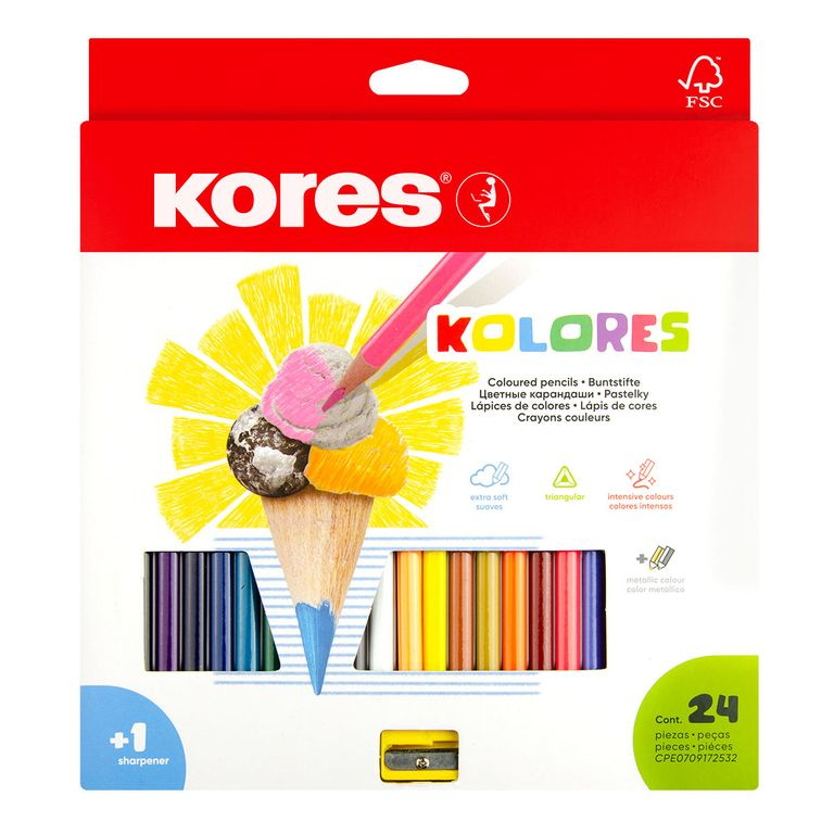 Kores Trojhranné pastelky Kolores 24 barev s ořezávátkem