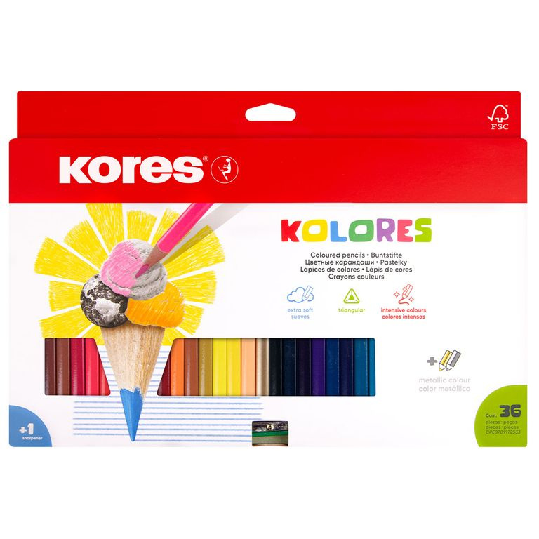 Kores Trojhranné pastelky Kolores 36 barev s ořezávátkem