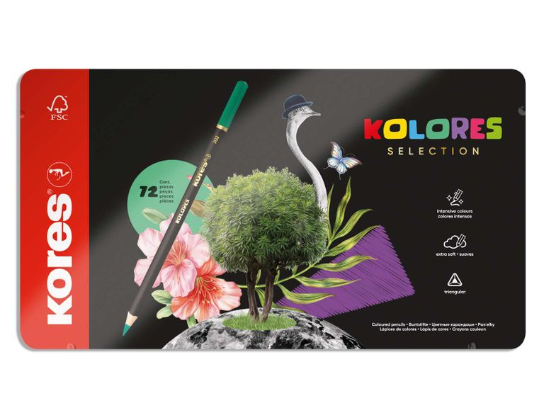 Trojhranné pastelky Kores Kolores Selection plechová krabička, 72 barev Kores