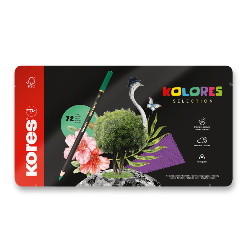 Trojhranné pastelky Kores Kolores Selection plechová krabička, 72 barev Kores
