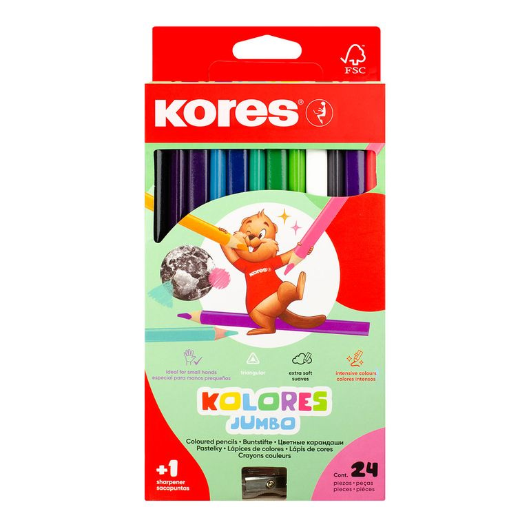 Kores Trojhranné pastelky Kolores Jumbo 5 mm, 24 barev s ořezávátkem