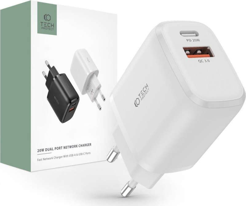 Tech-Protect Rychlá nabíječka do sítě - Tech-Protect, PD20W/QC3.0 White