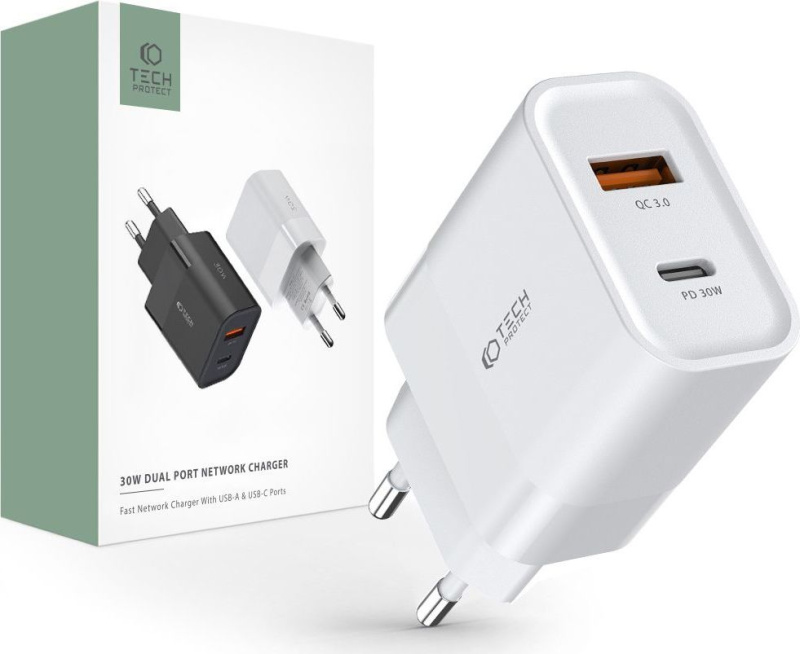 Tech-Protect Rychlá nabíječka do sítě - Tech-Protect, PD30W/QC3.0 White