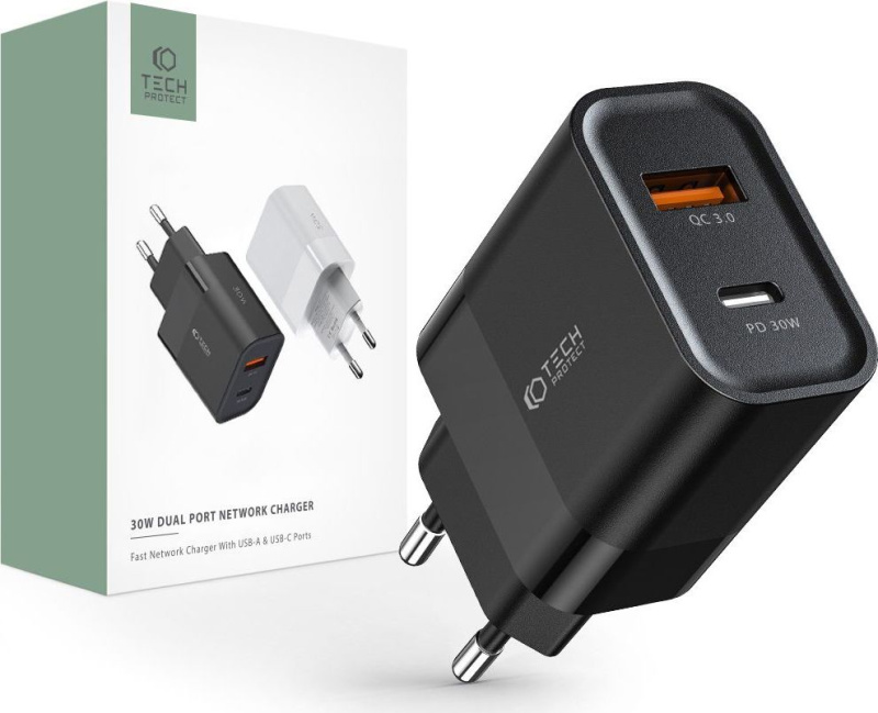Tech-Protect Rychlá nabíječka do sítě - Tech-Protect, PD30W/QC3.0 Black