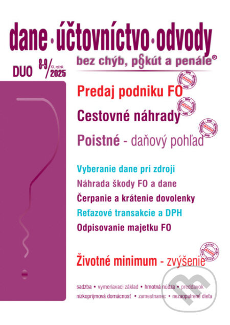 Dane, účtovníctvo, odvody bez chýb, pokút a penále č. 8-9 / 2025 - Cestovné náhrady – zvýšenie - kniha z kategorie Jednoduché účetnictví
