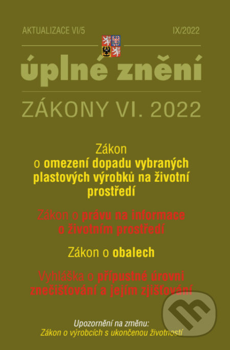 Aktualizace VI/5 / 2022 - Zákon o obalech (Zákon o omezení dopadu vybraných plastových výrobků na životní prostředí)