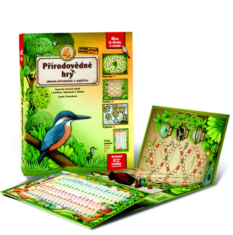 4 přírodovědné hry - Leporelo her s kostkou, figurkami a žetony, pro zábavné učení přírodopisu a ang