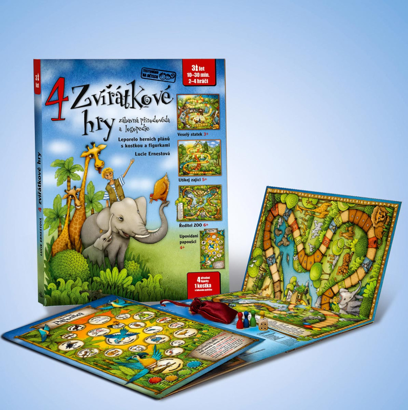 4 zvířátkové hry - Leporelo herních plánů s kostkou a figurkami pro zábavné učení zvířátek a logoped