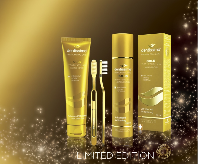 Dentissimo Dentissimo® balíček GOLD Advanced whitening zubní pasta, kartáček + ústní voda