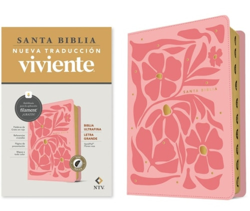 Tyndale House Publishers Biblia ultrafina NTV, letra grande con Filament (SentiPiel, Flores rosa, Indice, Letra Roja)