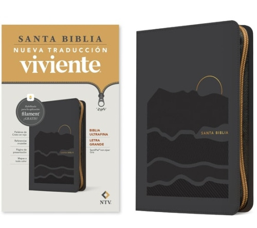 Tyndale House Publishers Biblia ultrafina NTV, letra grande de ziper con Filament (SentiPiel, Gris, Letra Roja)