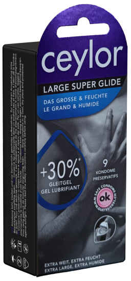 Ceylor Single: Large Super Glide, 9 extra wide condoms with 30% more cream lubricant